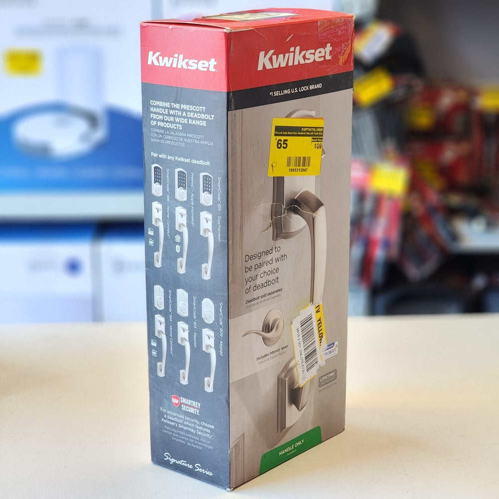 Prescott Satin Nickel Door Handleset Only with Tustin Door Handle in Satin Nickel Prescott Satin Nickel Door Handleset Only with Tustin Door Handle in Satin Nickel